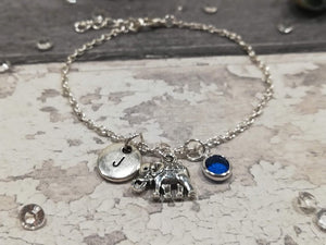 Personalized Elephant Bracelet with initial and Birthstone
